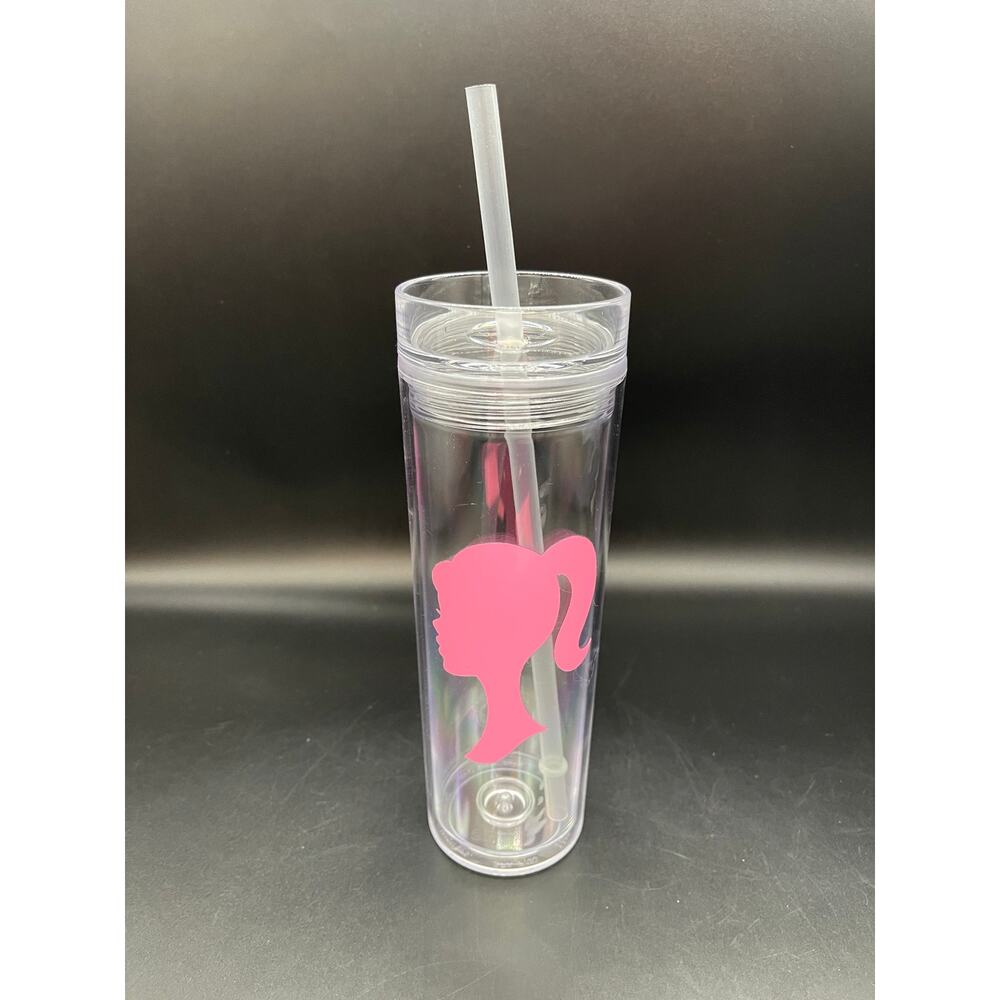 Strata Pink Barbie Head Silhouette Double Wall Tumbler Cup with Straw 16 oz